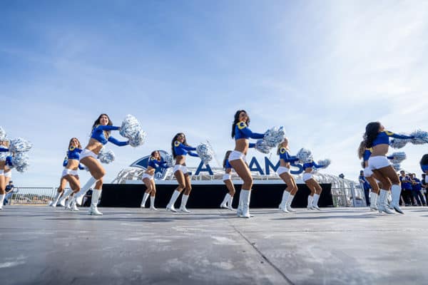 LA Rams cheerleaders dancing at experiential marketing event in Los Angeles, CA