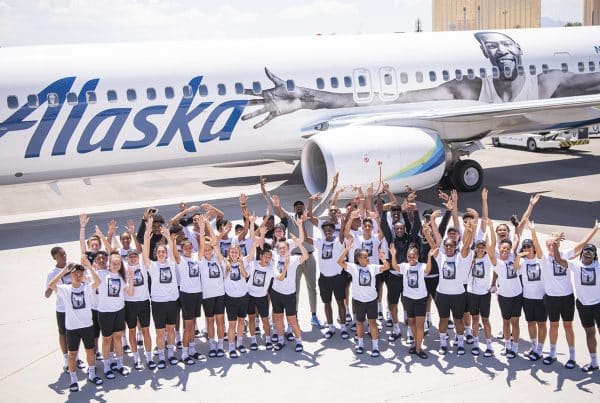 Kevin Durant and fans in front of Alaska Airlines Flight 35 at experiential marketing event in LA