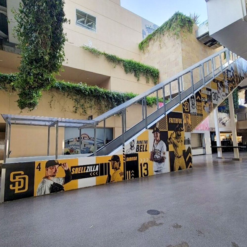 Large scale printing on escalator at San Diego Padres stadium in San Diego, California