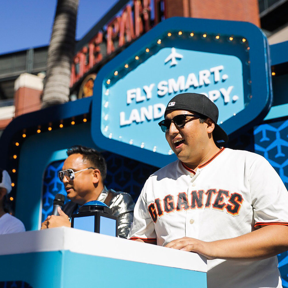 contestant wearing LA Giants baseball jersey at Marketing Sponsorship Event in Los Angeles, California