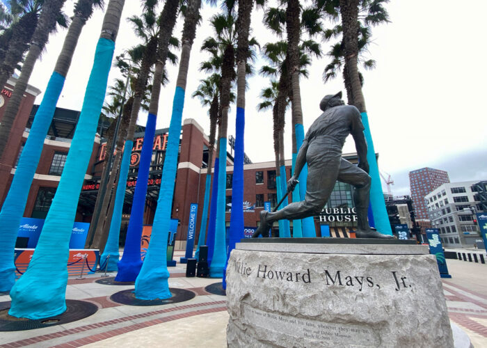 Palm trees wrapped in blue fabric captures customer attention at brand activation event in San Francisco at Giants Stadium