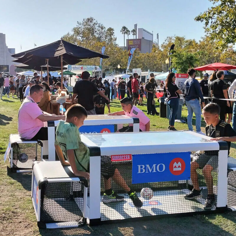 Experiential marketing event in Los Angeles produced by Southport Marketing featuring branded BMO soccer games and interactive family-friendly activations.