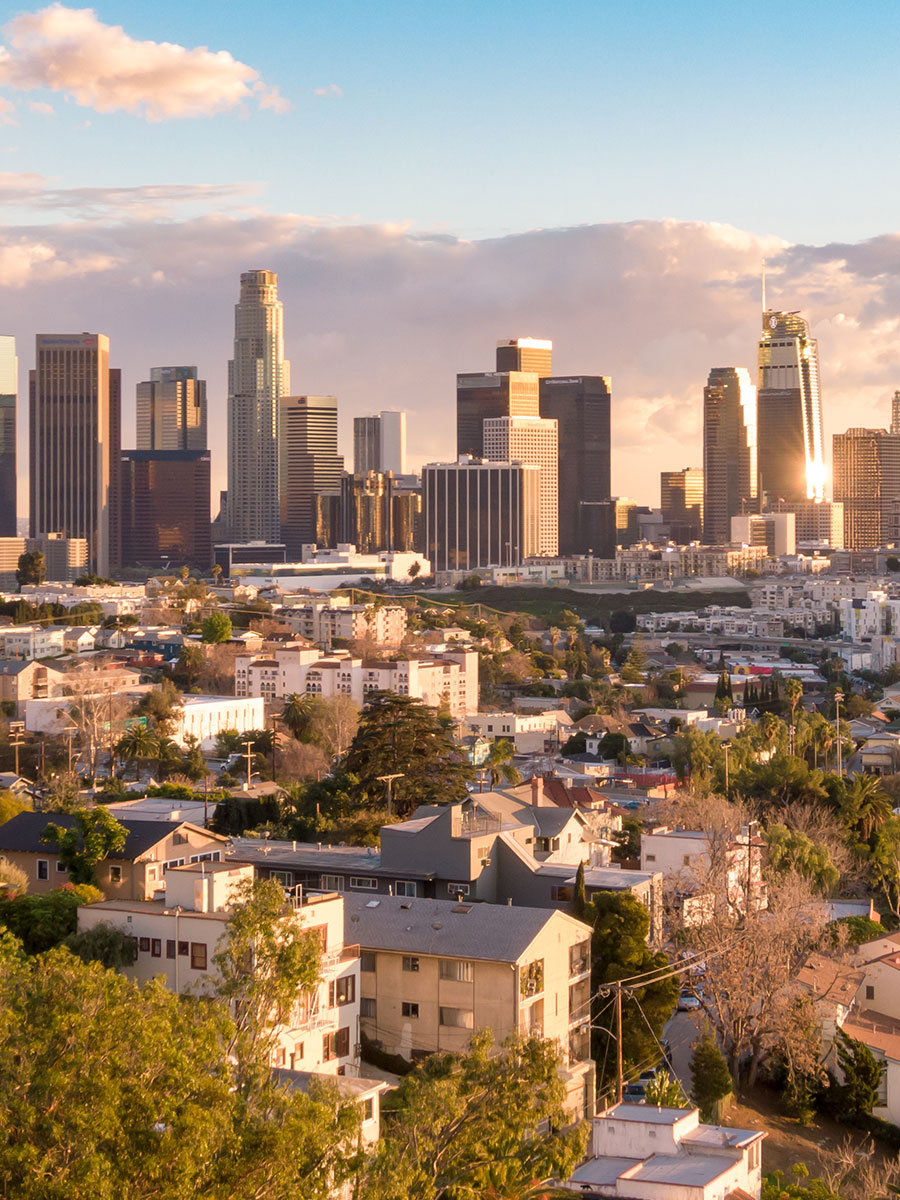 Downtown Los Angeles skyline at sunset, viewed from a residential neighborhood with palm trees and low-rise buildings in the foreground