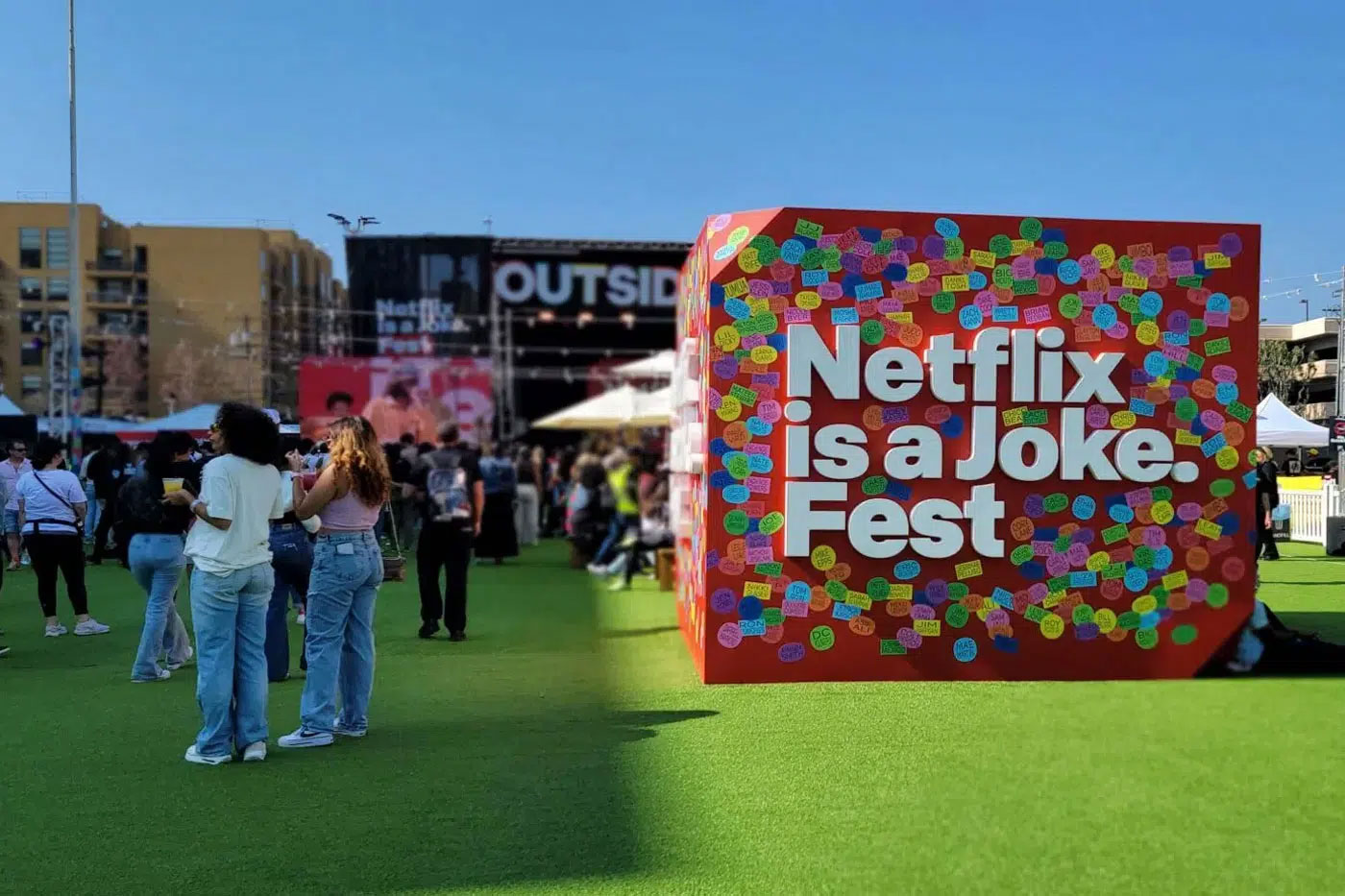 Southport-designed Netflix pop-up event with comedy-themed branding and crowds engaging in outdoor experiences