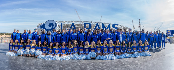 Los Angeles Rams players and cheerleaders in front of SoFi Stadium